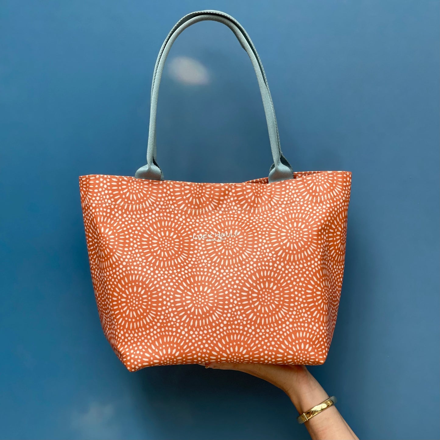 Amber Sunburst Small Tote Bag with Aqua Handles