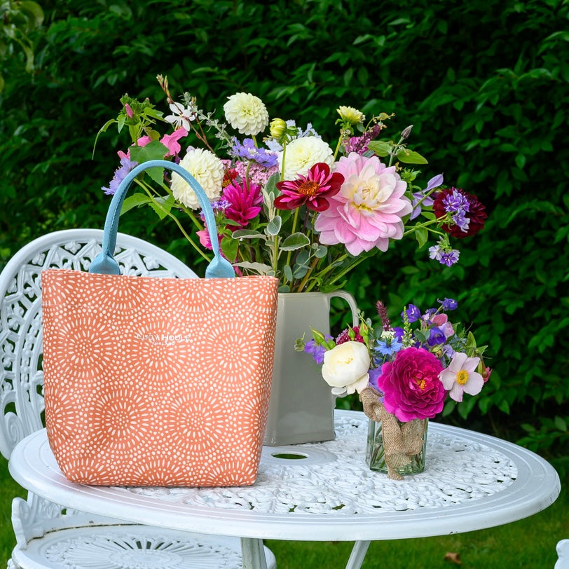 Amber Sunburst Mini Tote Bag with Aqua Handles