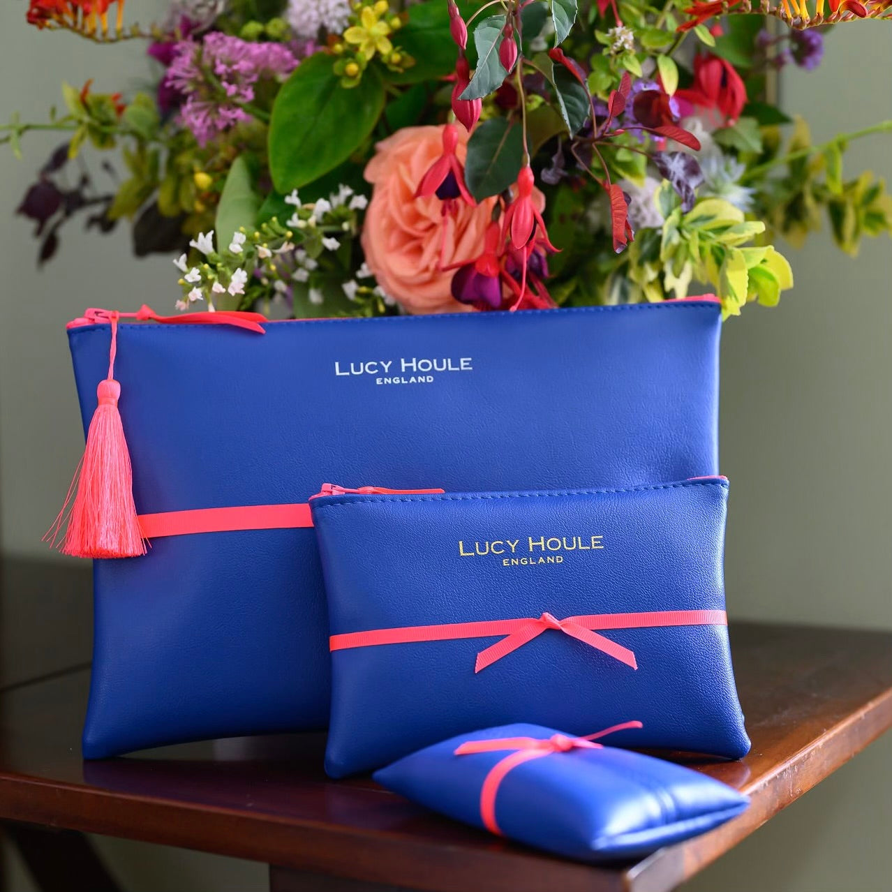 Faux Leather Cobalt Blue Clutch with Pink Neon Zip