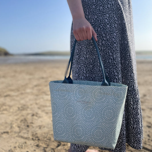 Aqua Sunburst Small Zip Tote Bag with Teal Handles