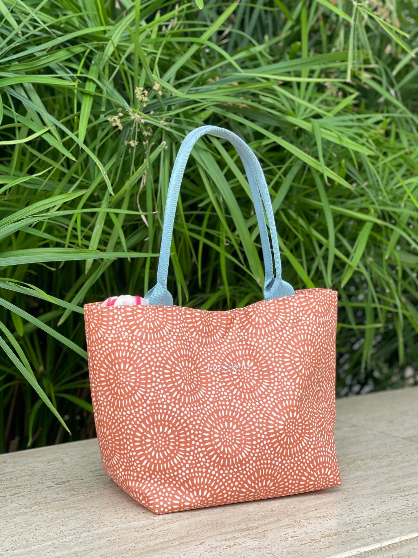 Amber Sunburst Small Tote Bag with Aqua Handles