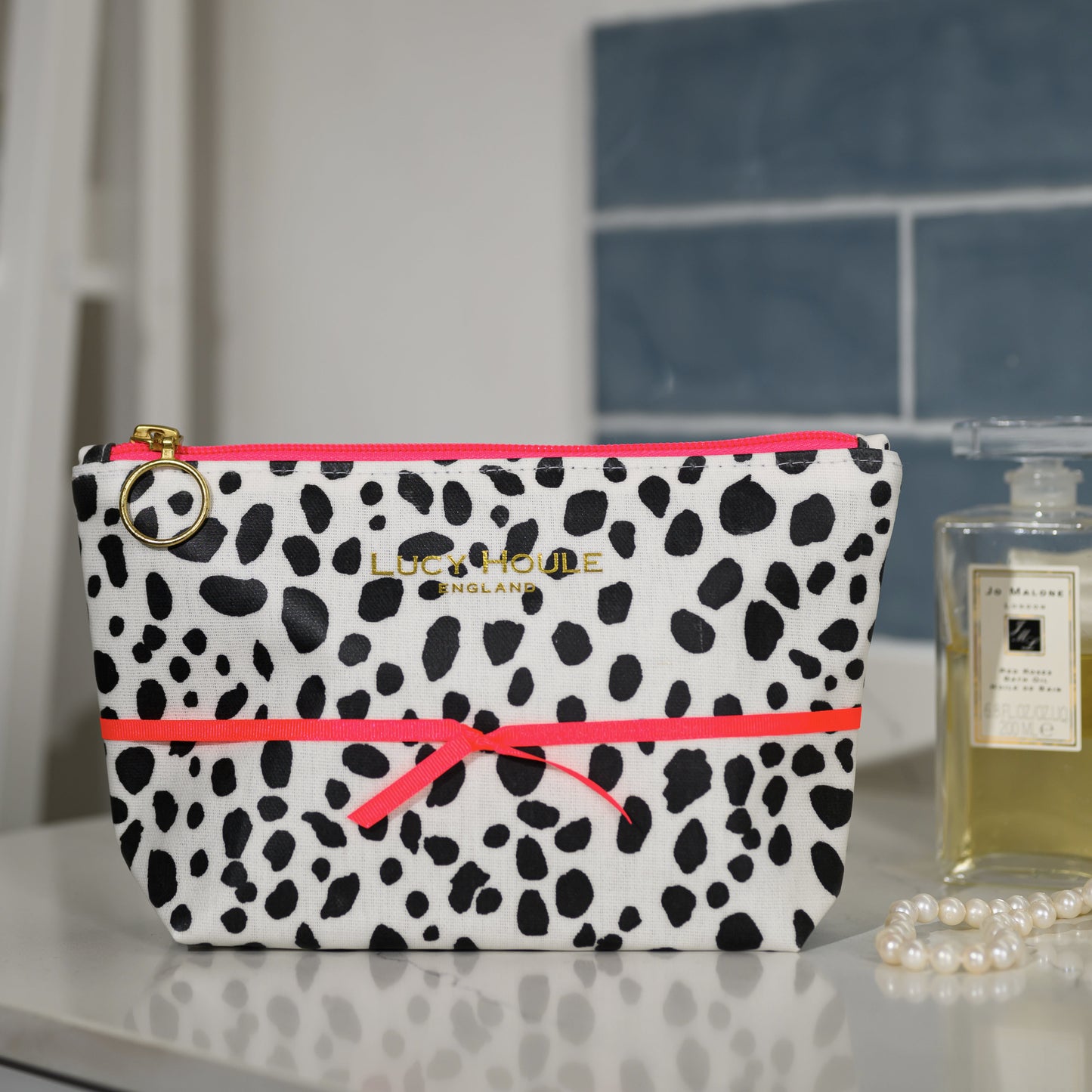 Dalmatian Wash Bag with Neon Pink Zip