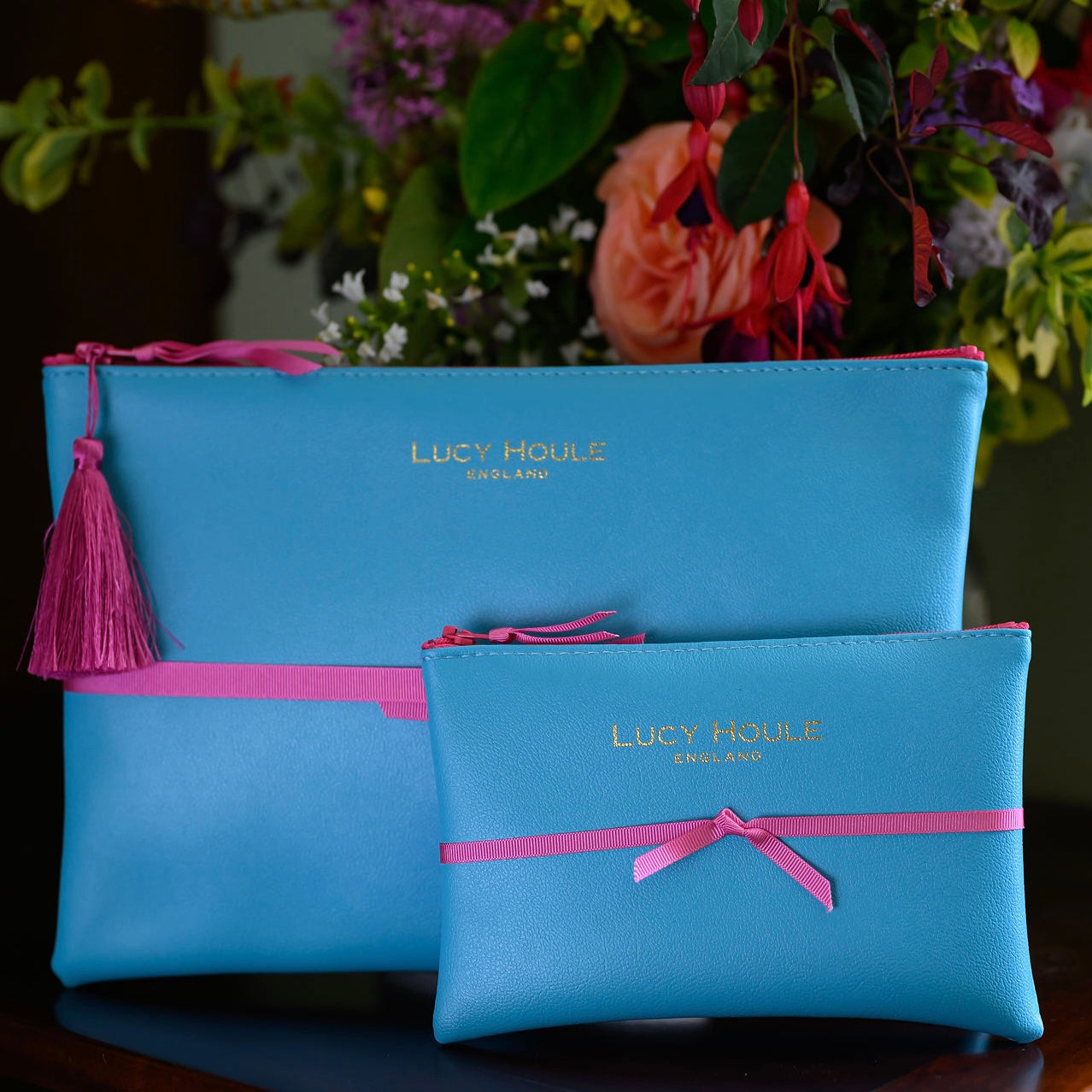 Faux Leather Turquoise Clutch with Pink zip