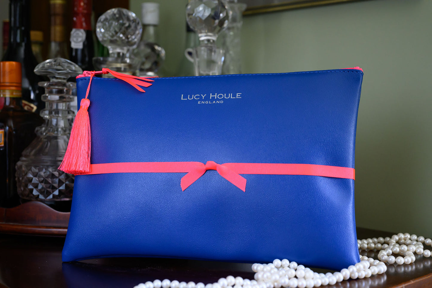 Faux Leather Cobalt Blue Clutch with Pink Neon Zip