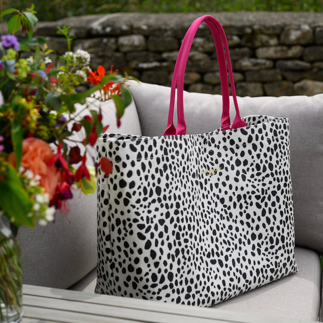 Dalmatian Extra Large Tote Bag with Hot Pink Handles