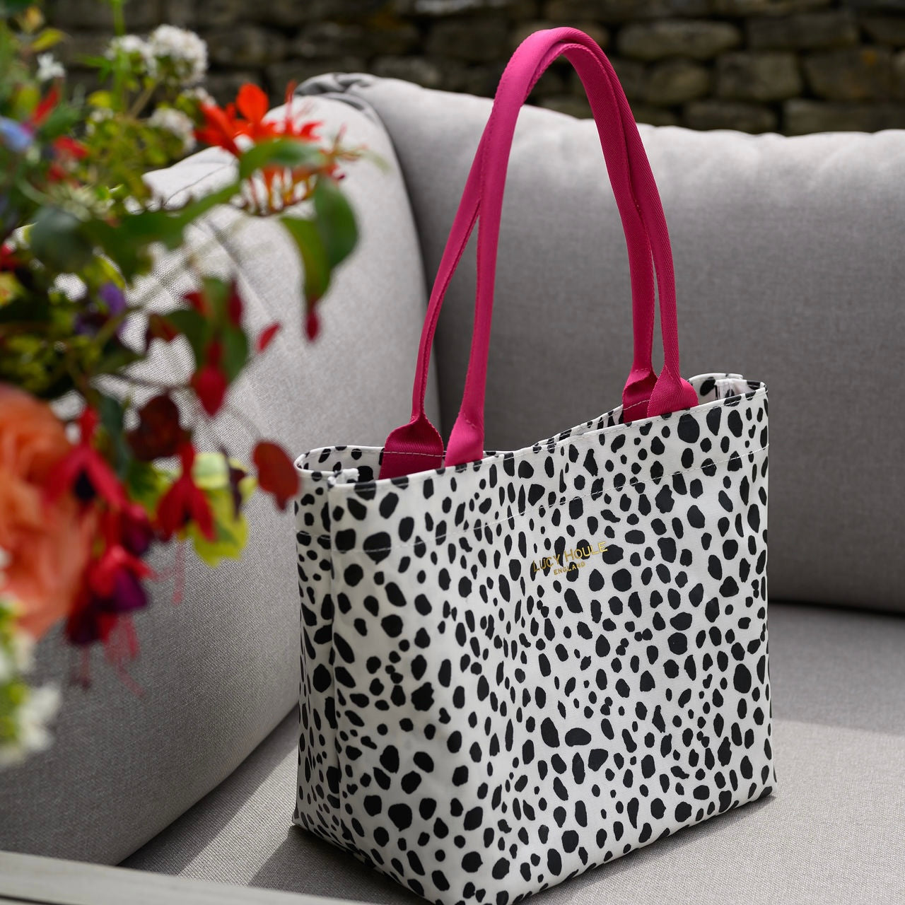 Dalmatian Small Tote Bag with Hot Pink Handles