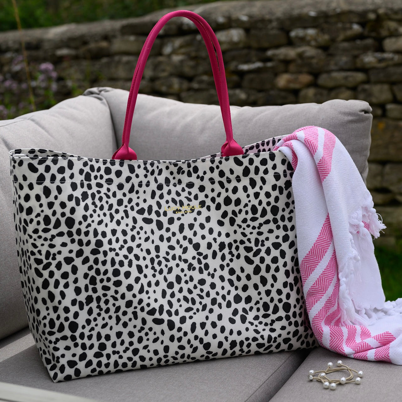 Dalmatian Extra Large Tote Bag with Hot Pink Handles