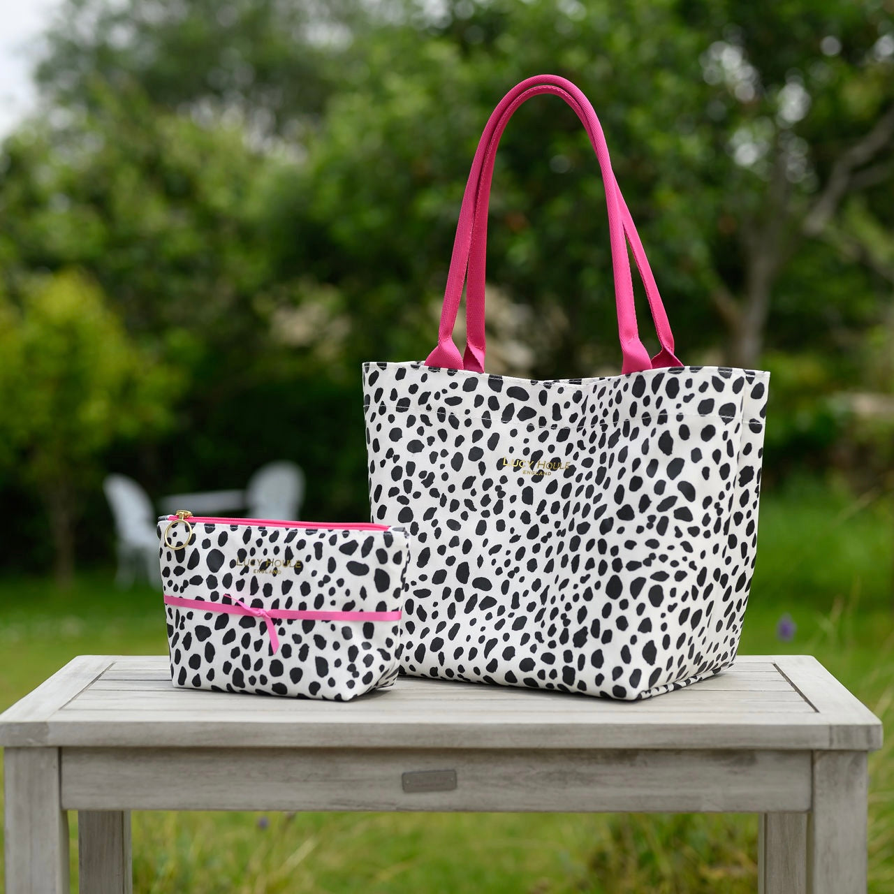 Dalmatian Small Tote Bag with Hot Pink Handles