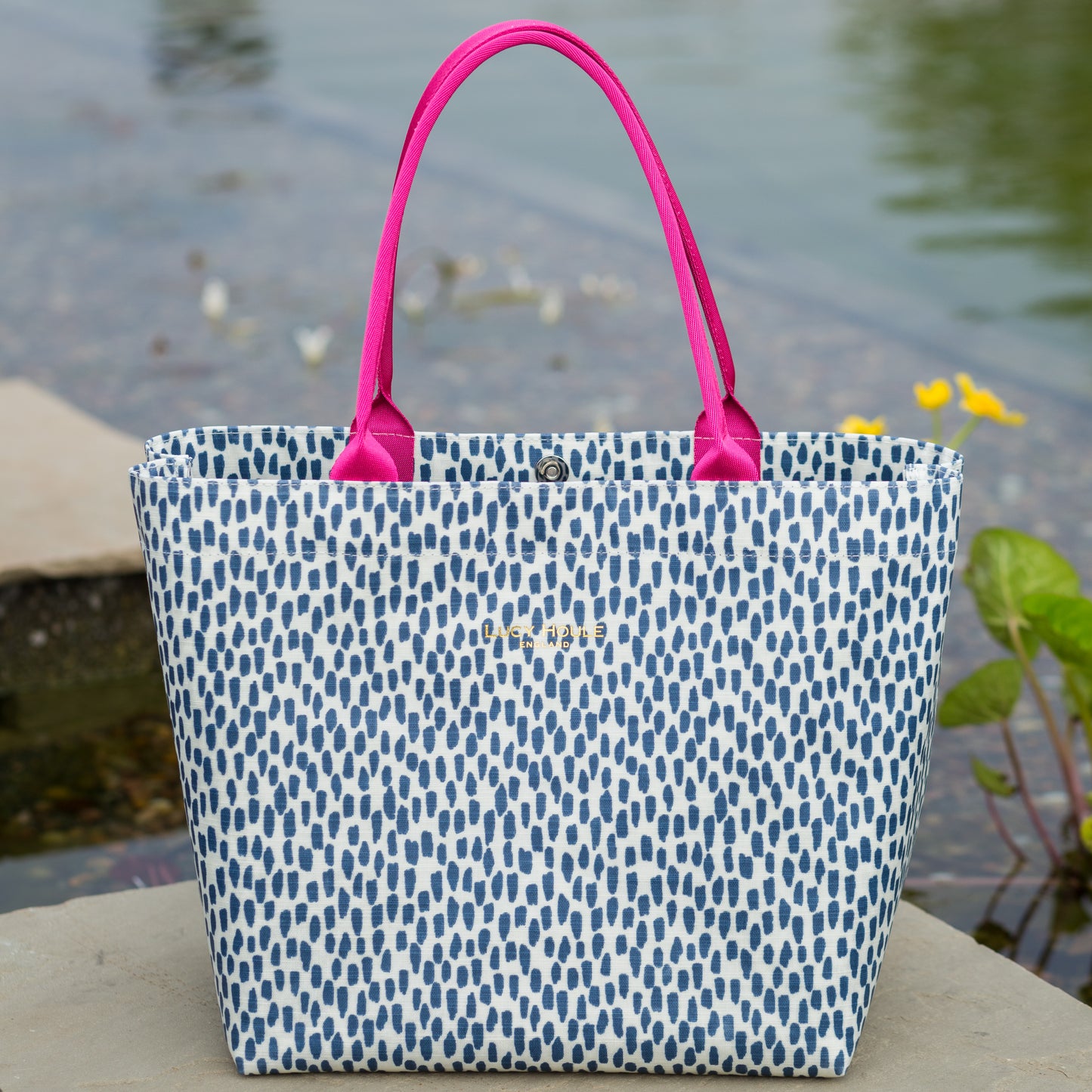 Navy Cobblestone Small Zip Tote Bag with Pink handles