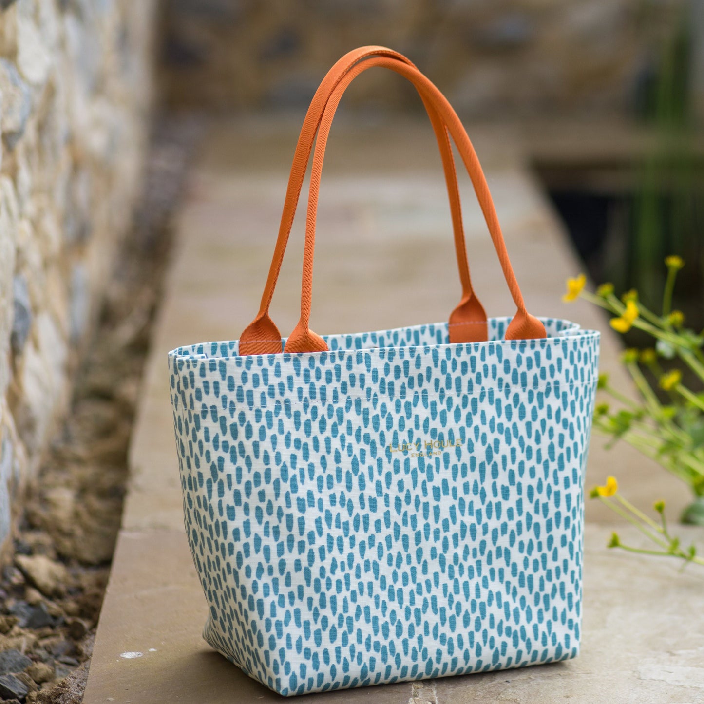 Aqua Cobblestone Small Tote Bag with Orange Handles