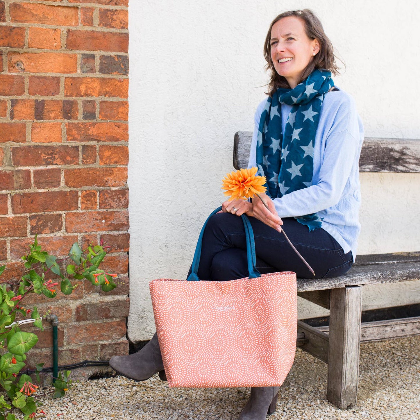 Amber Sunburst Medium Tote Bag with Teal Handles