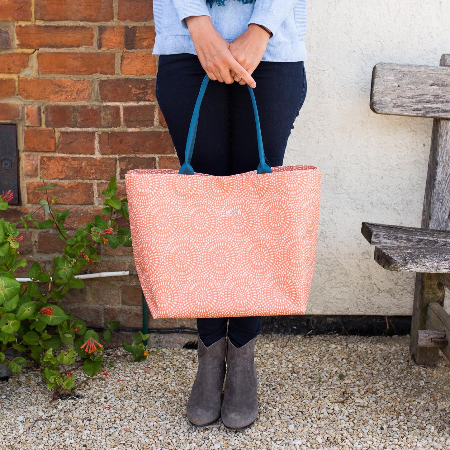 Amber Sunburst Medium Zip Tote Bag with Teal Handles