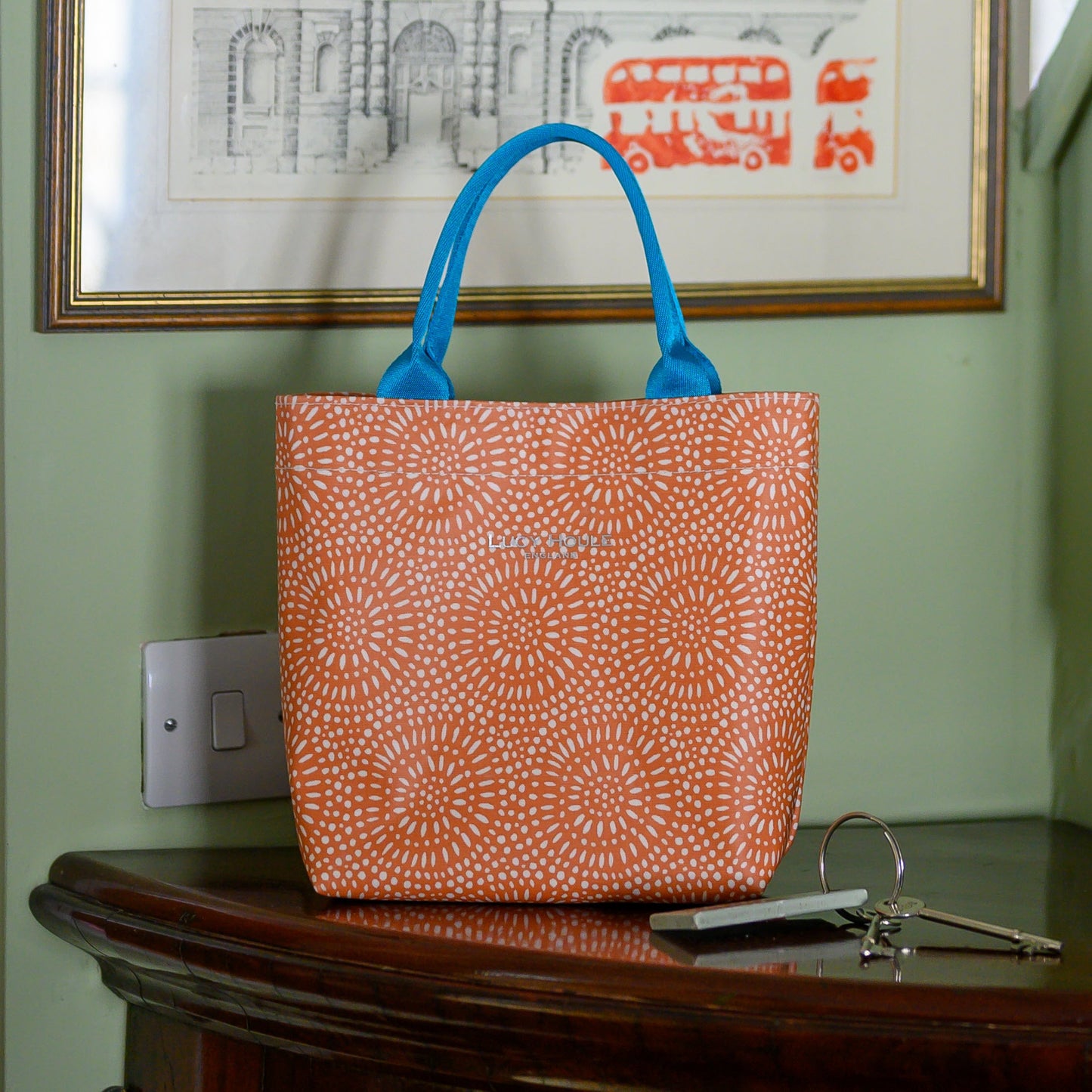 Amber Sunburst Mini Tote Bag with Turquoise Handles