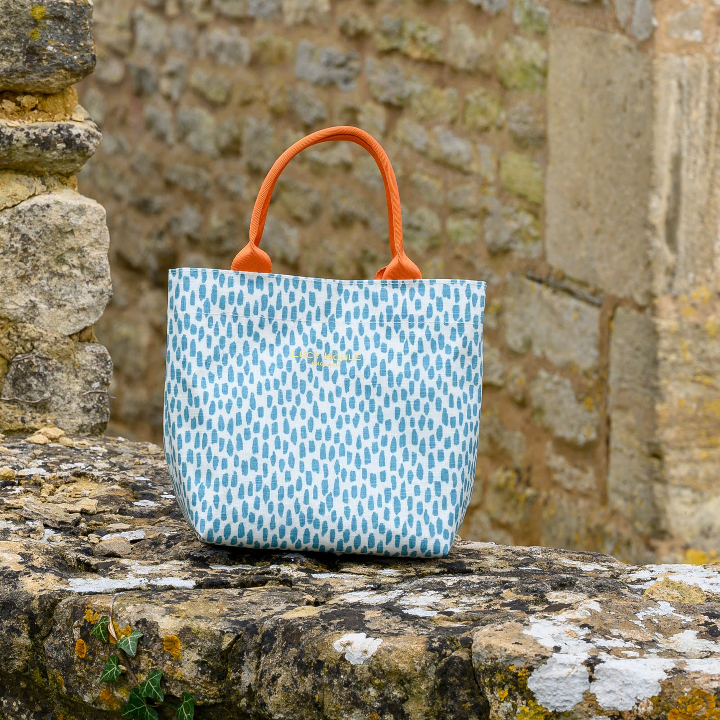 Aqua Cobblestone Mini Tote Bag with Orange Handles