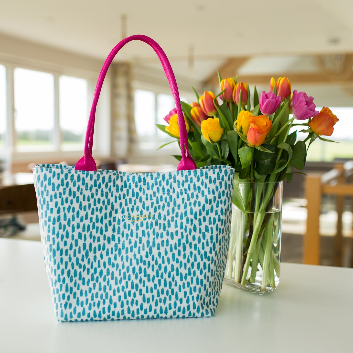 Aqua Cobblestone Small Tote Bag with Hot Pink Handles