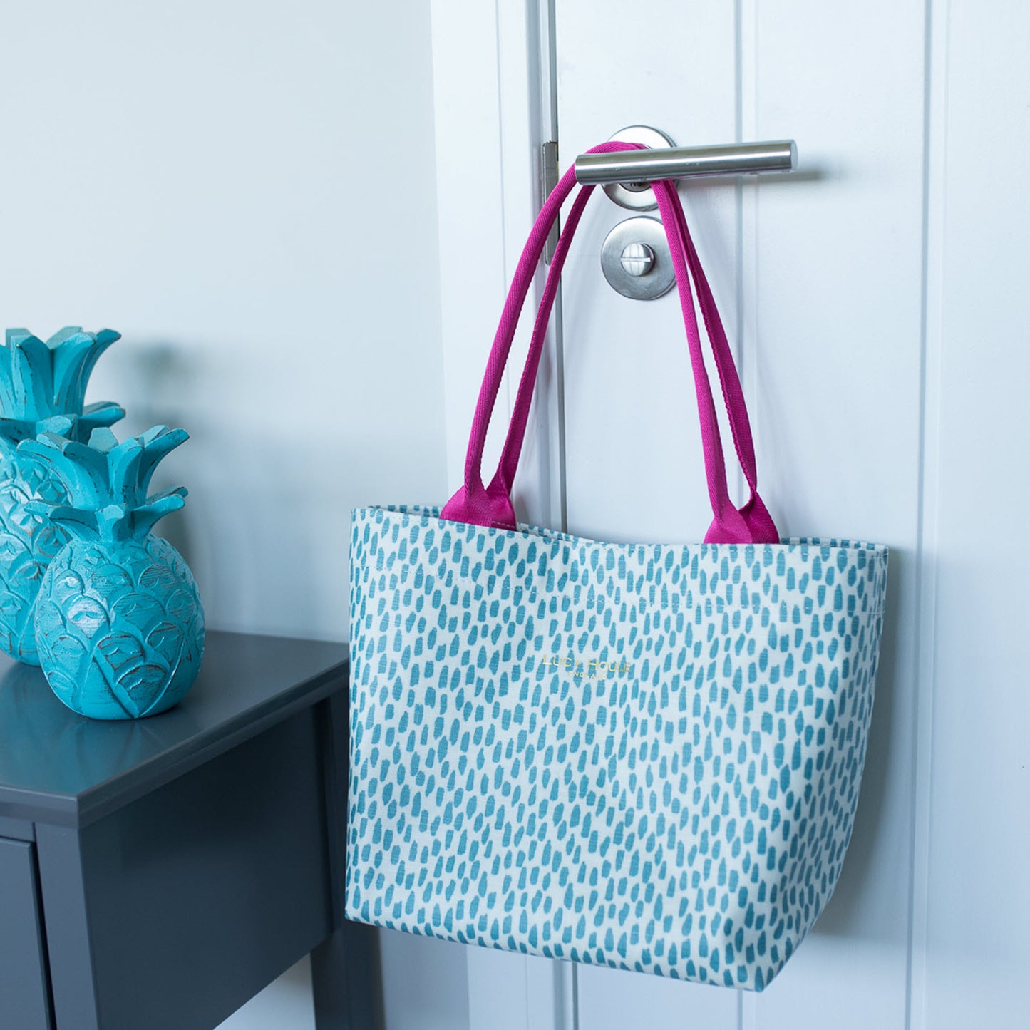 Aqua Cobblestone Small Tote Bag with Hot Pink Handles