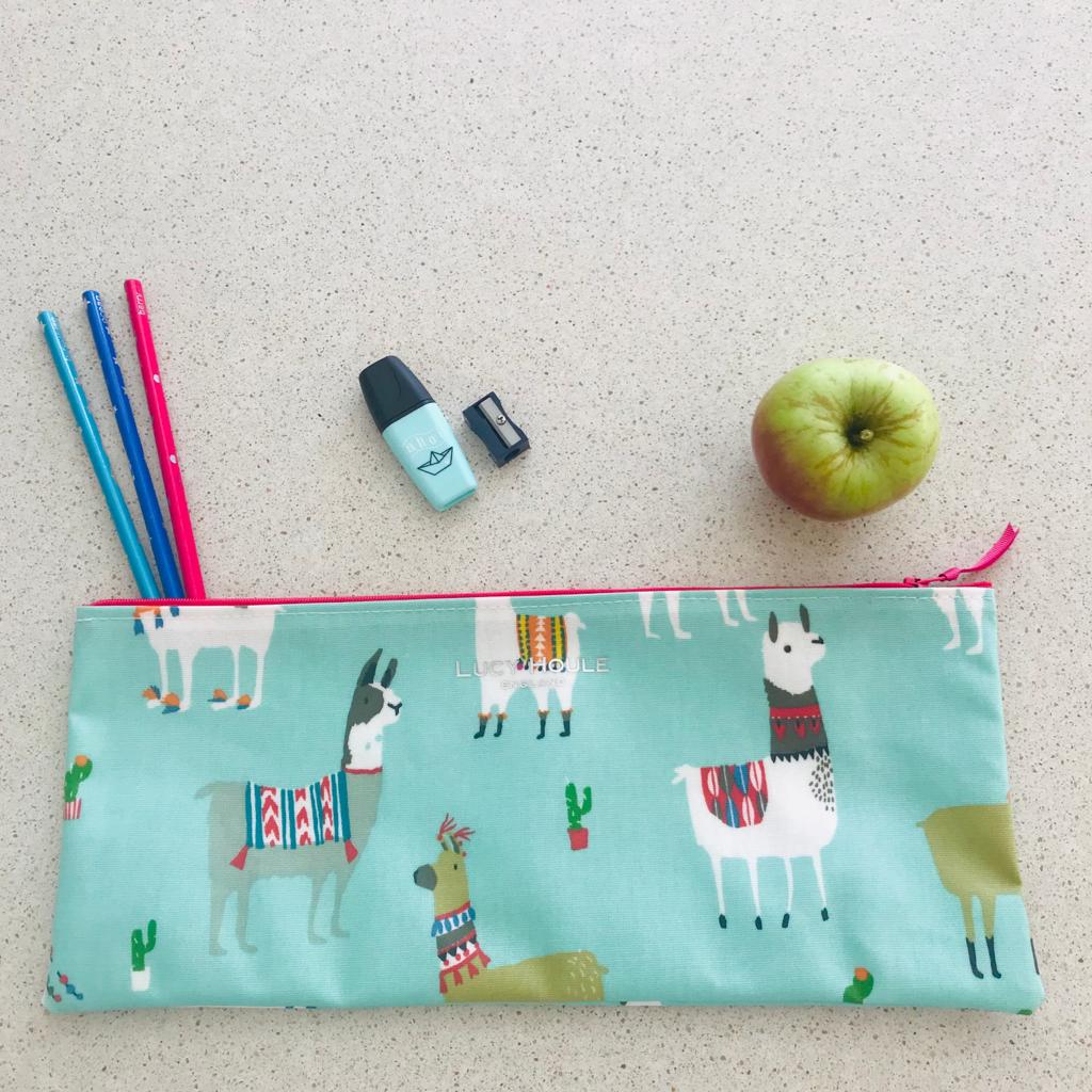 Aqua Llama Long Pencil Case with Pink Zip