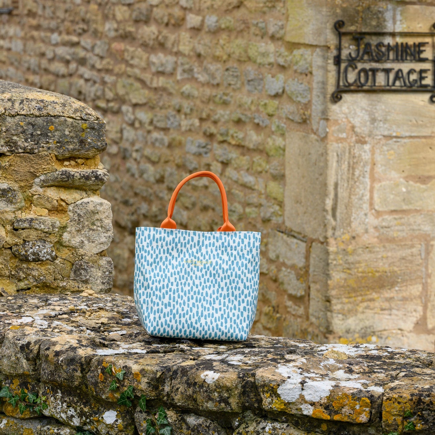 Aqua Cobblestone Mini Tote Bag with Orange Handles