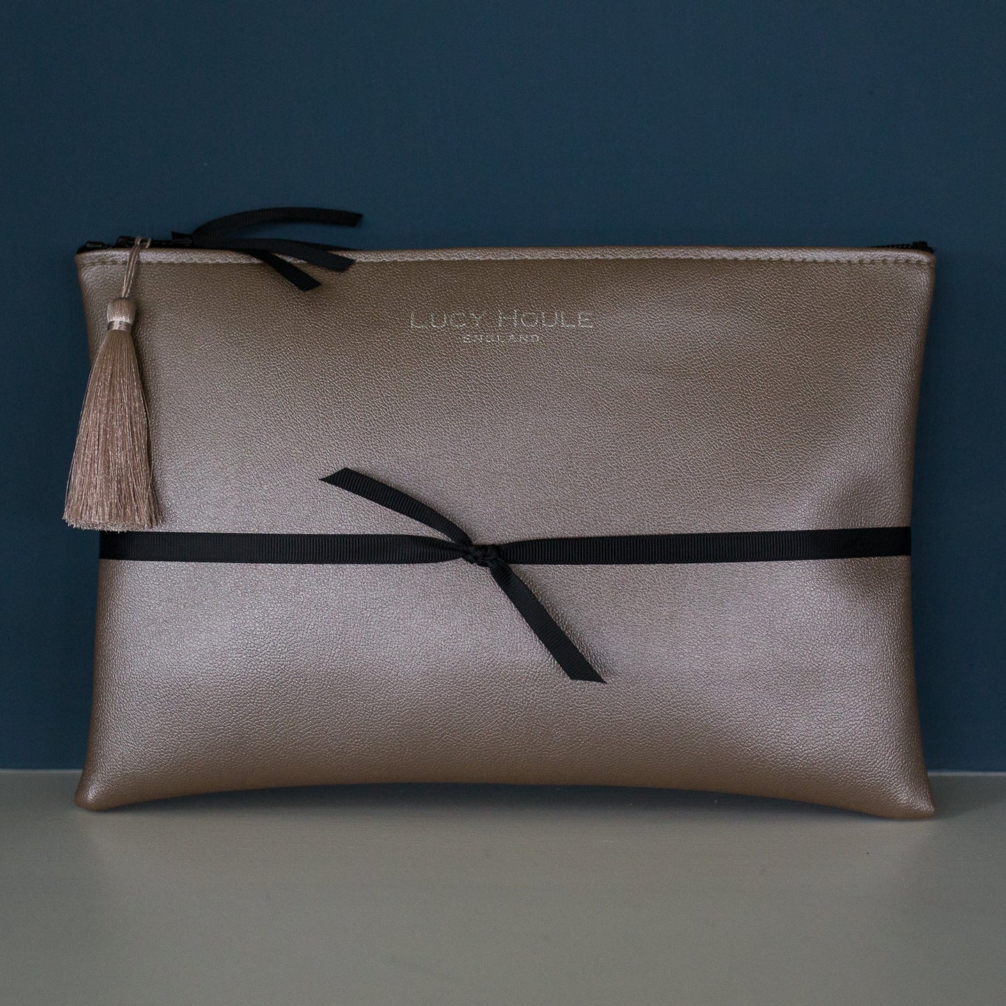 Faux Leather Bronze Clutch with Black Zip