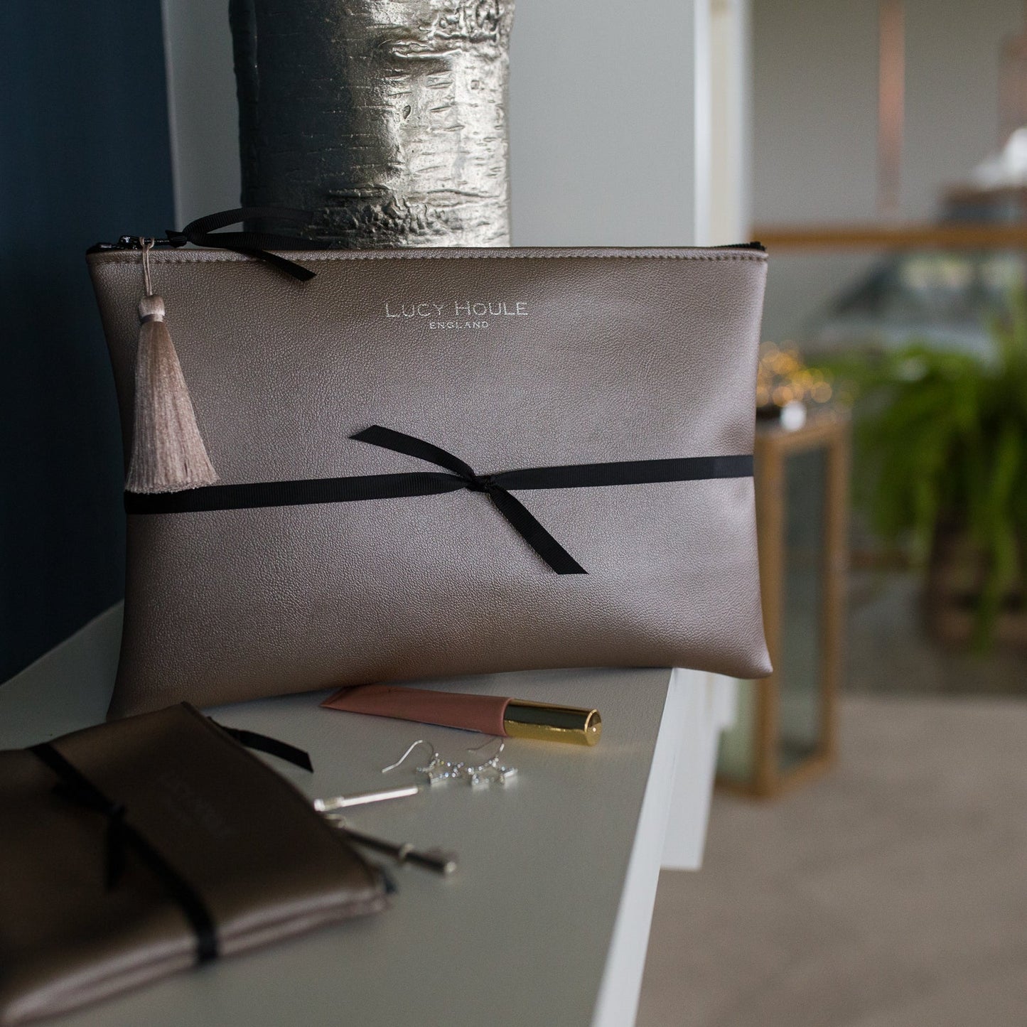 Faux Leather Bronze Clutch with Black Zip