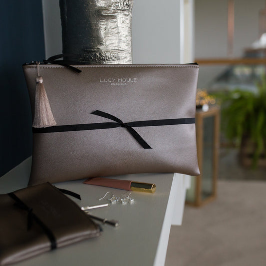 Faux Leather Bronze Clutch with Black Zip