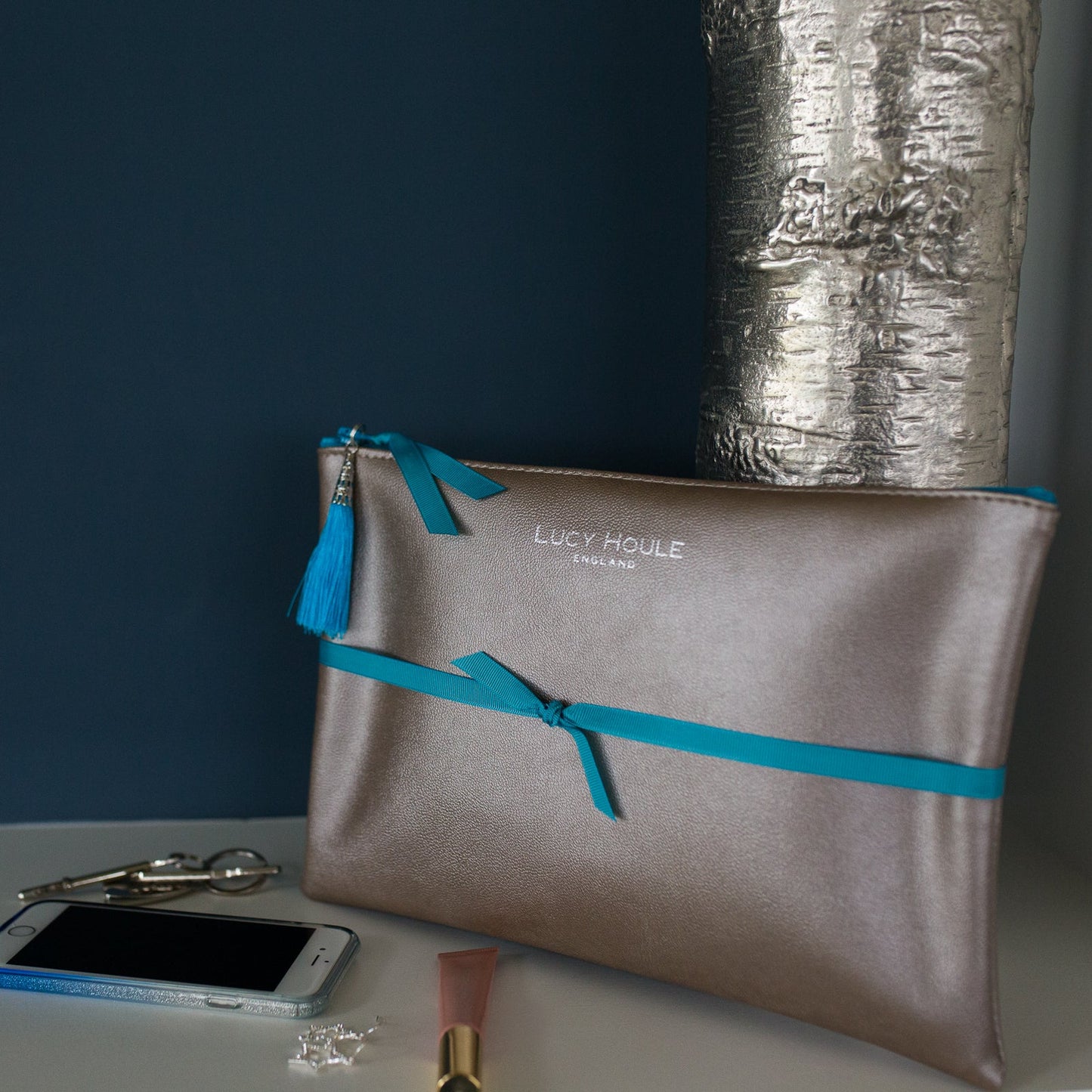Faux Leather Bronze Clutch with Turquoise Zip