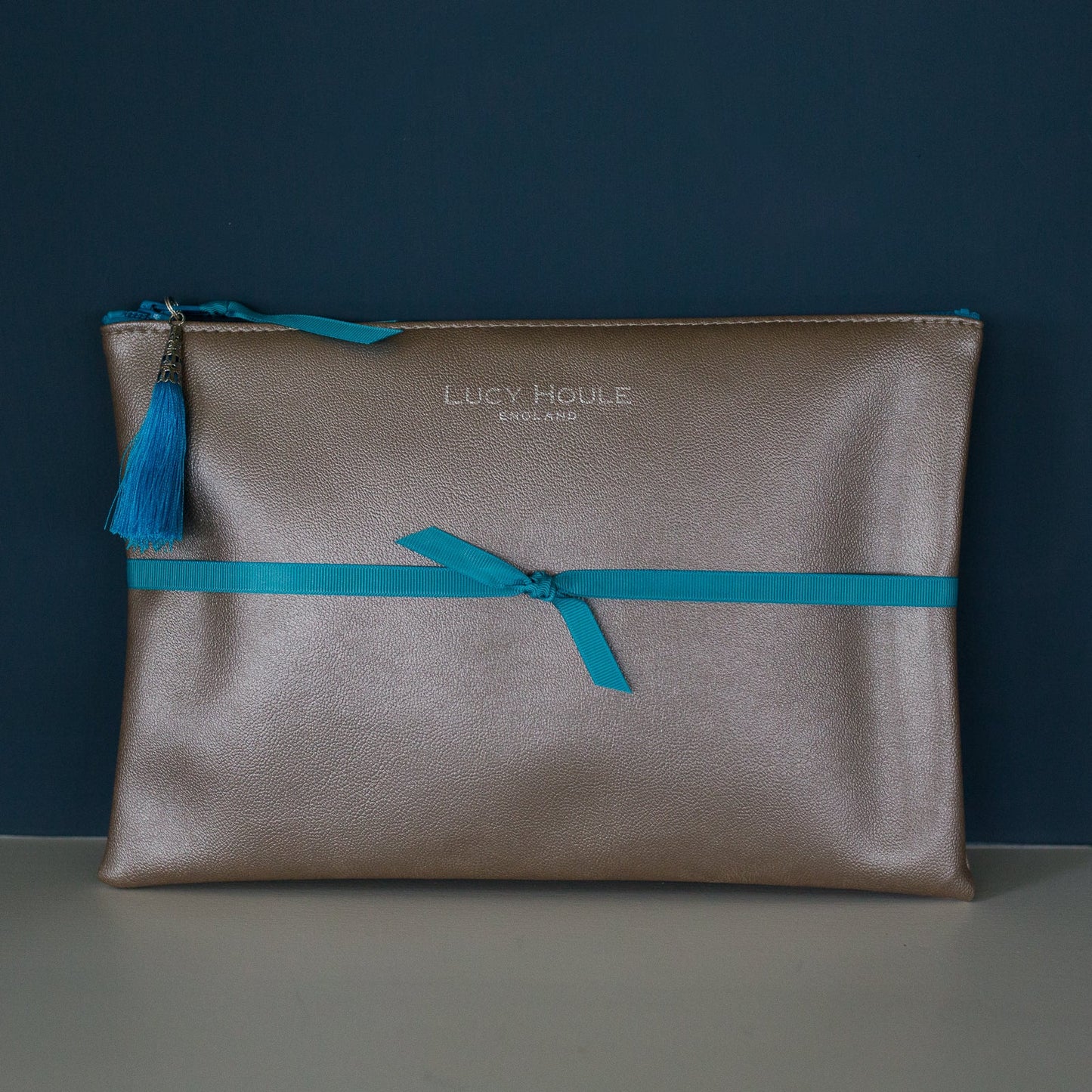 Faux Leather Bronze Clutch with Turquoise Zip