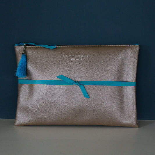 Faux Leather Bronze Clutch with Turquoise Zip