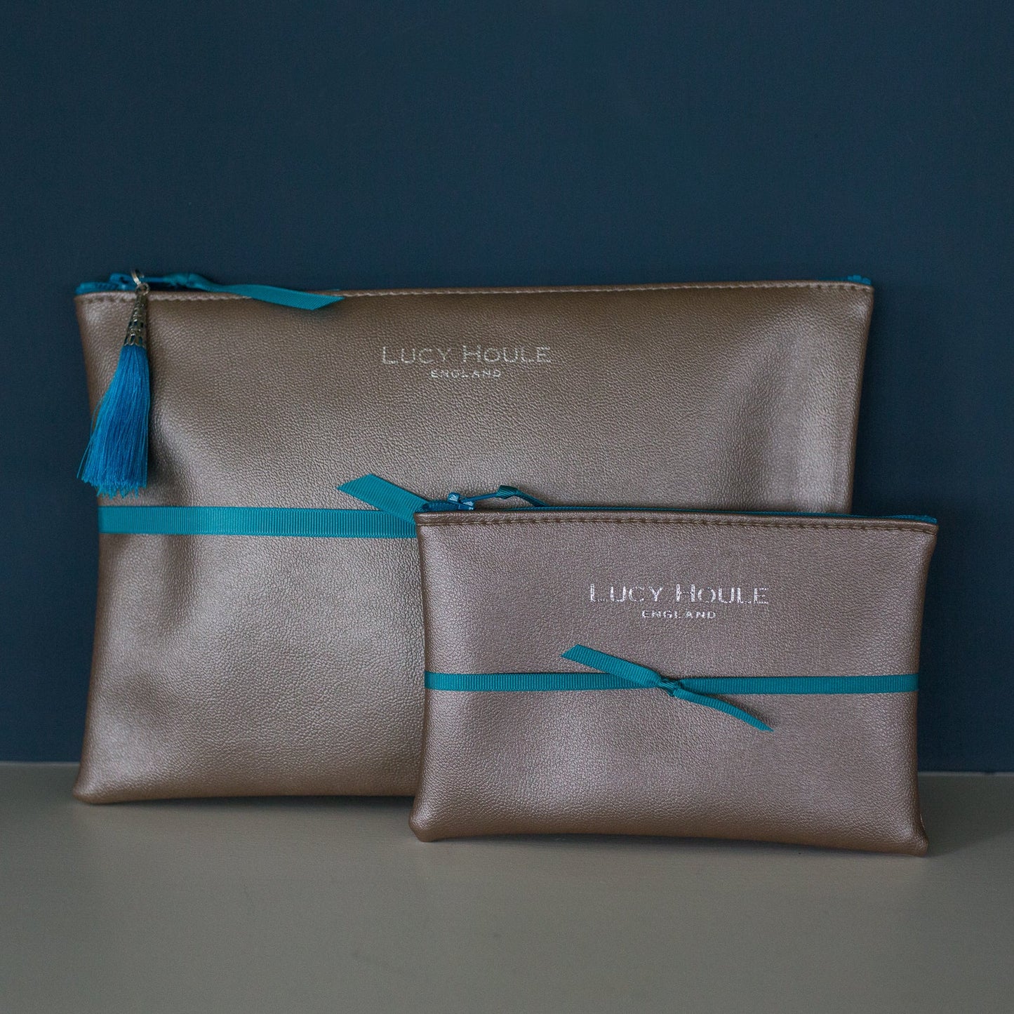 Faux Leather Bronze Clutch with Turquoise Zip