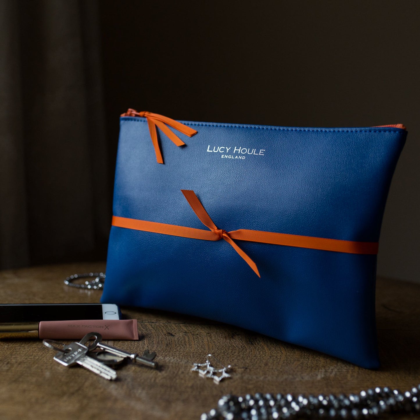 Faux Leather Cobalt Blue Clutch with Orange Zip