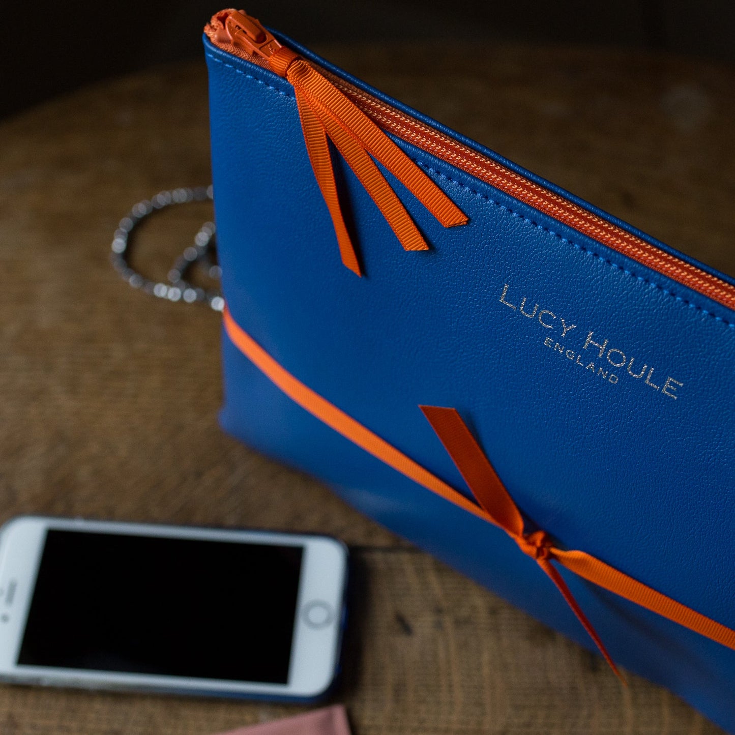 Faux Leather Cobalt Blue Clutch with Orange Zip