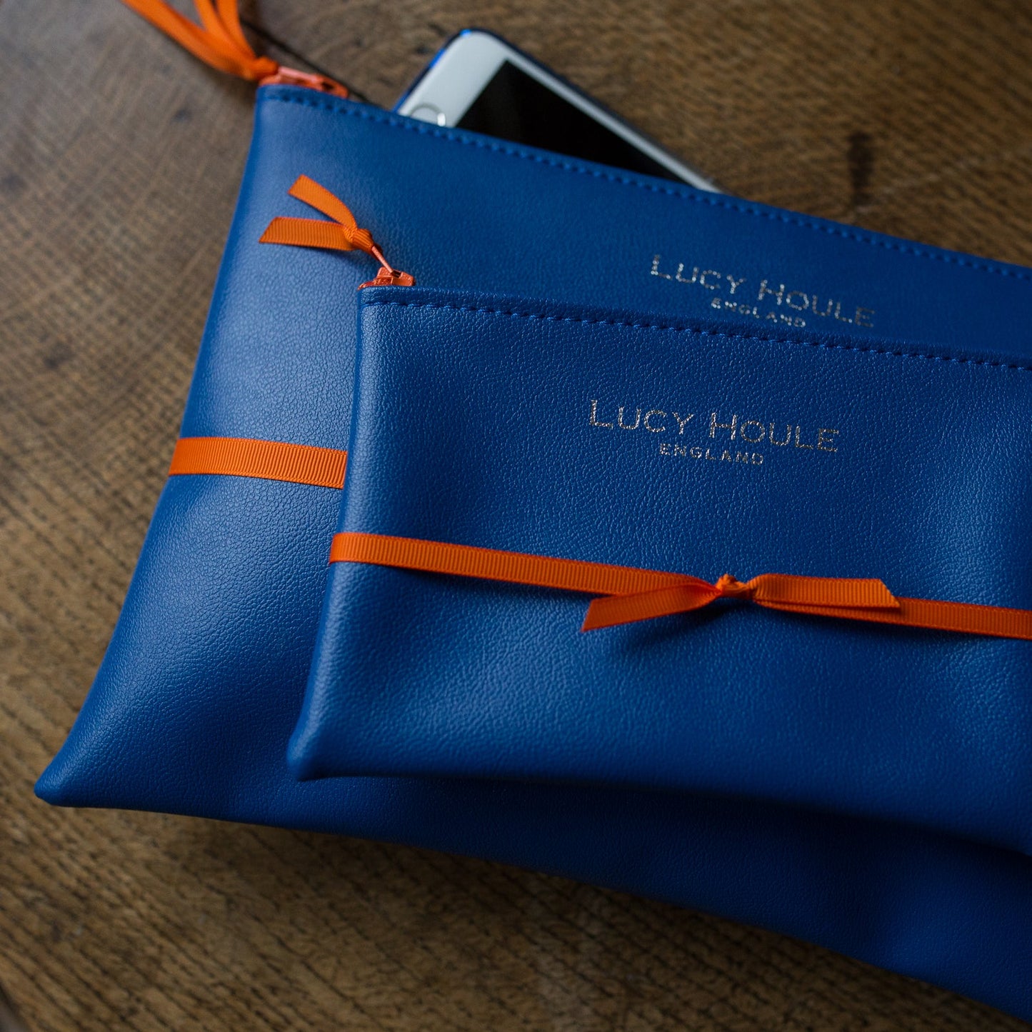 Faux Leather Cobalt Blue Clutch with Orange Zip