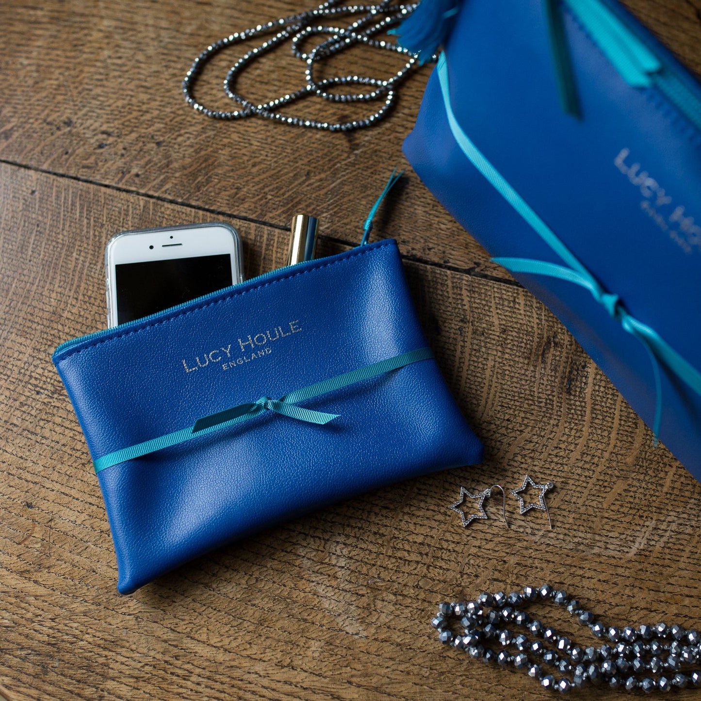 Faux Leather Cobalt Blue Clutch with Turquoise Zip