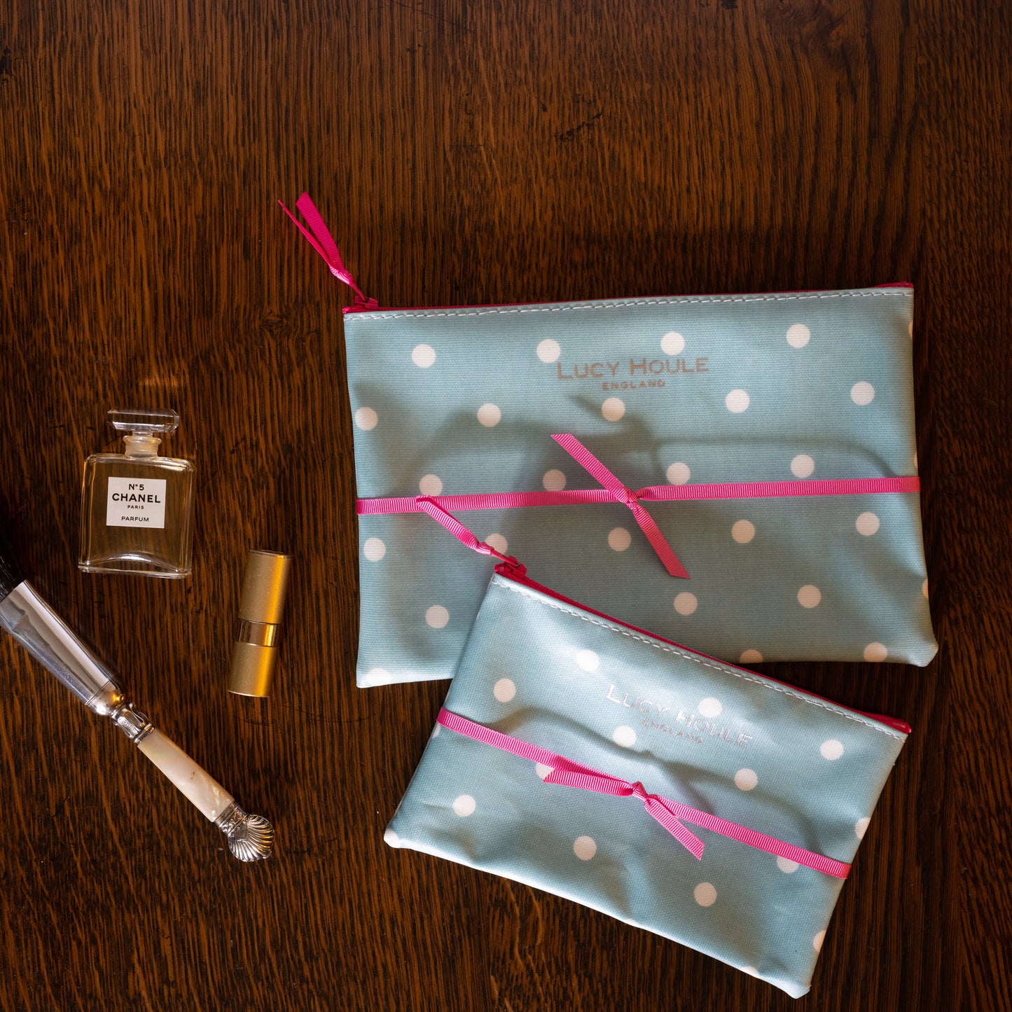 Duck Egg Blue Spot Make-Up Bag with Pink Zip