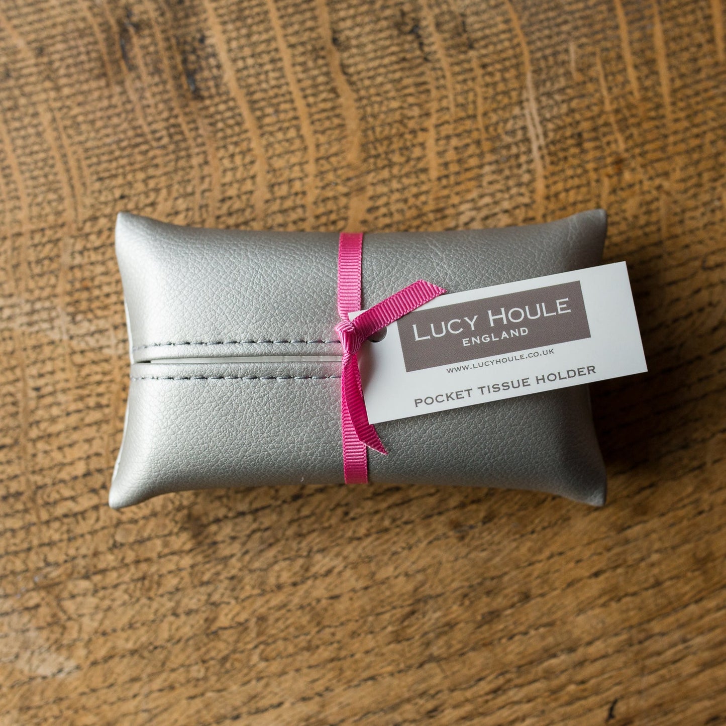 Faux Leather Silver Pocket Tissue Holder Pink