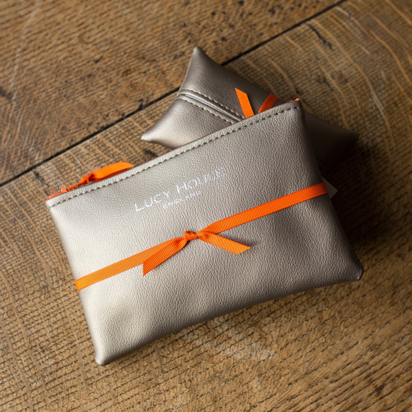 Faux Leather Bronze Handbag Set Orange Zip