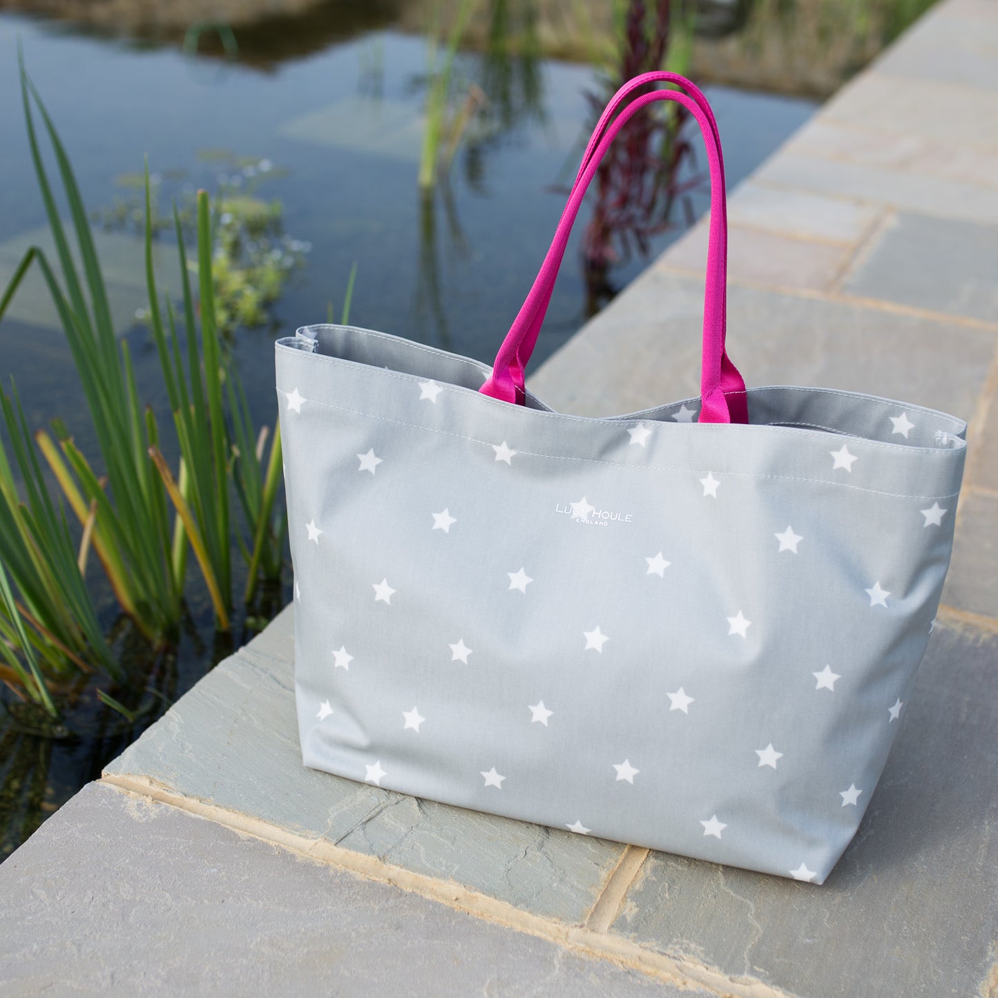 Grey & White Star Extra Large Tote Bag with Pink Handles