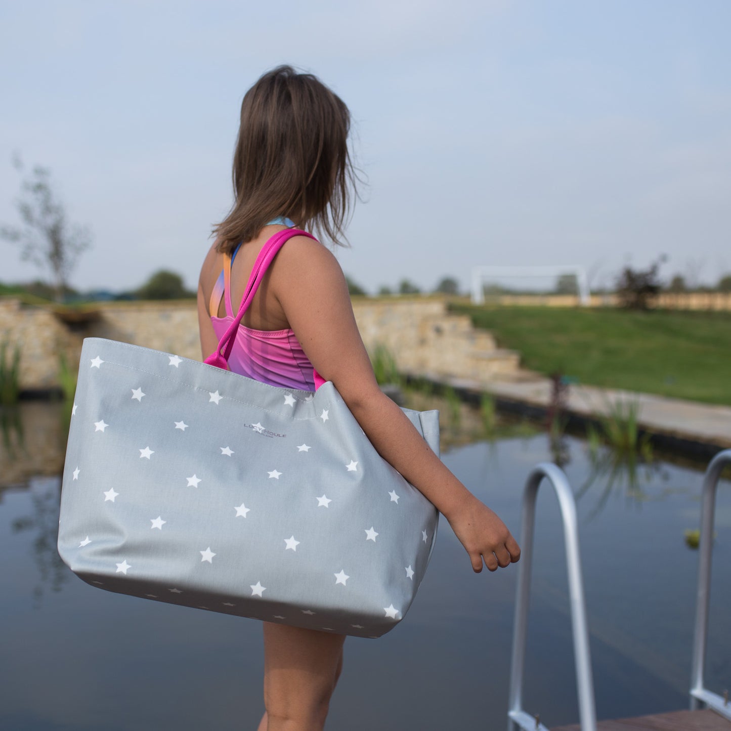 Grey & White Star Extra Large Tote Bag with Pink Handles