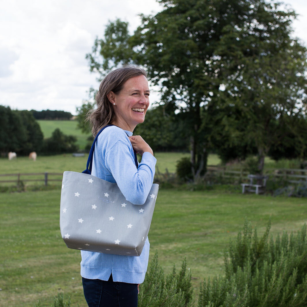 Grey & White Star Small Tote Bag with Navy Handles