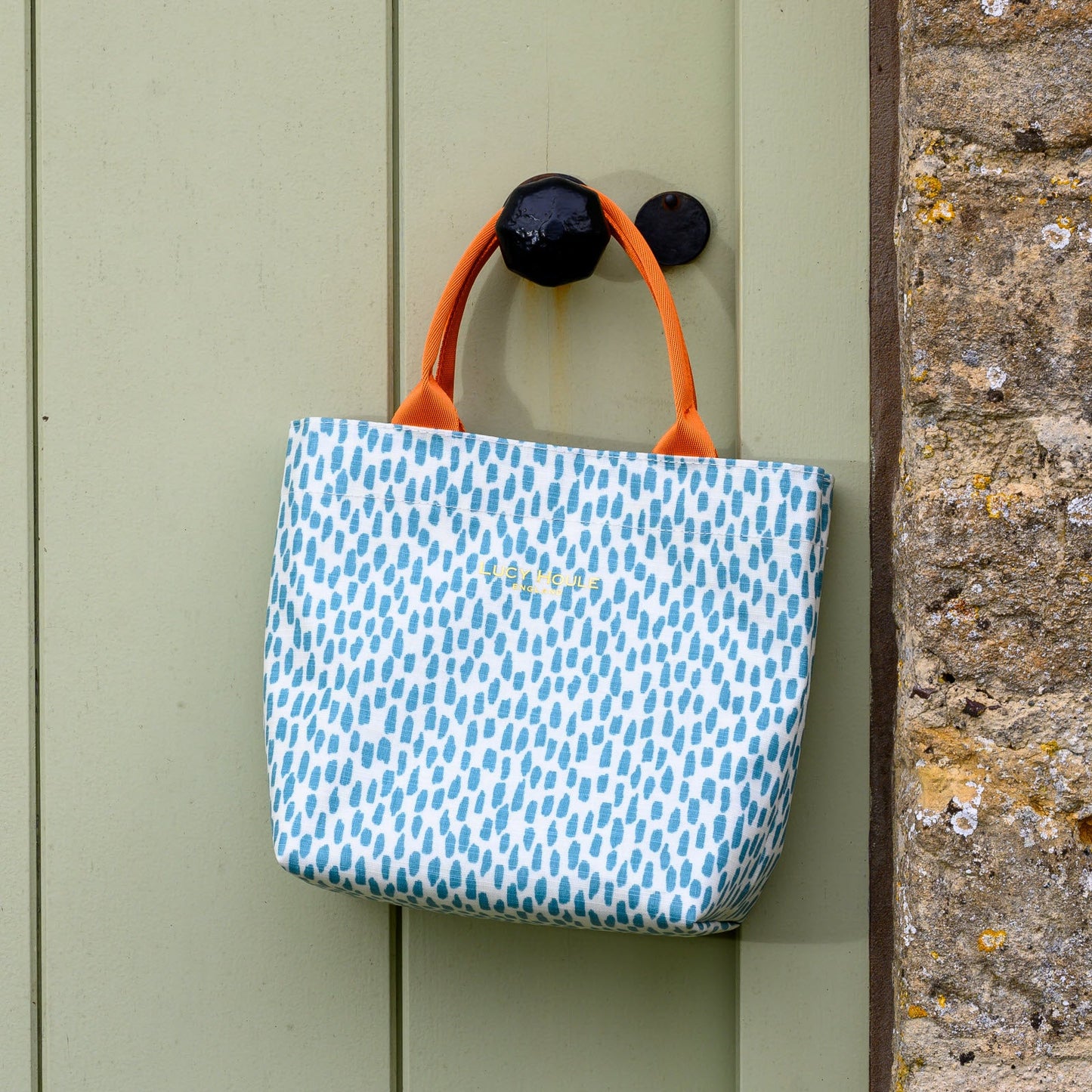 Aqua Cobblestone Mini Tote Bag with Orange Handles