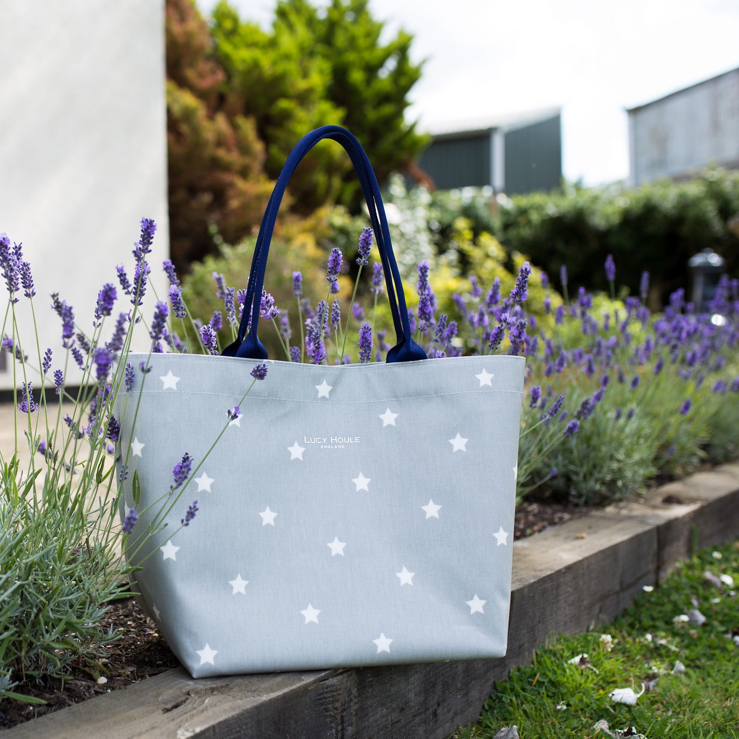 Grey & White Star Small Tote Bag with Navy Handles