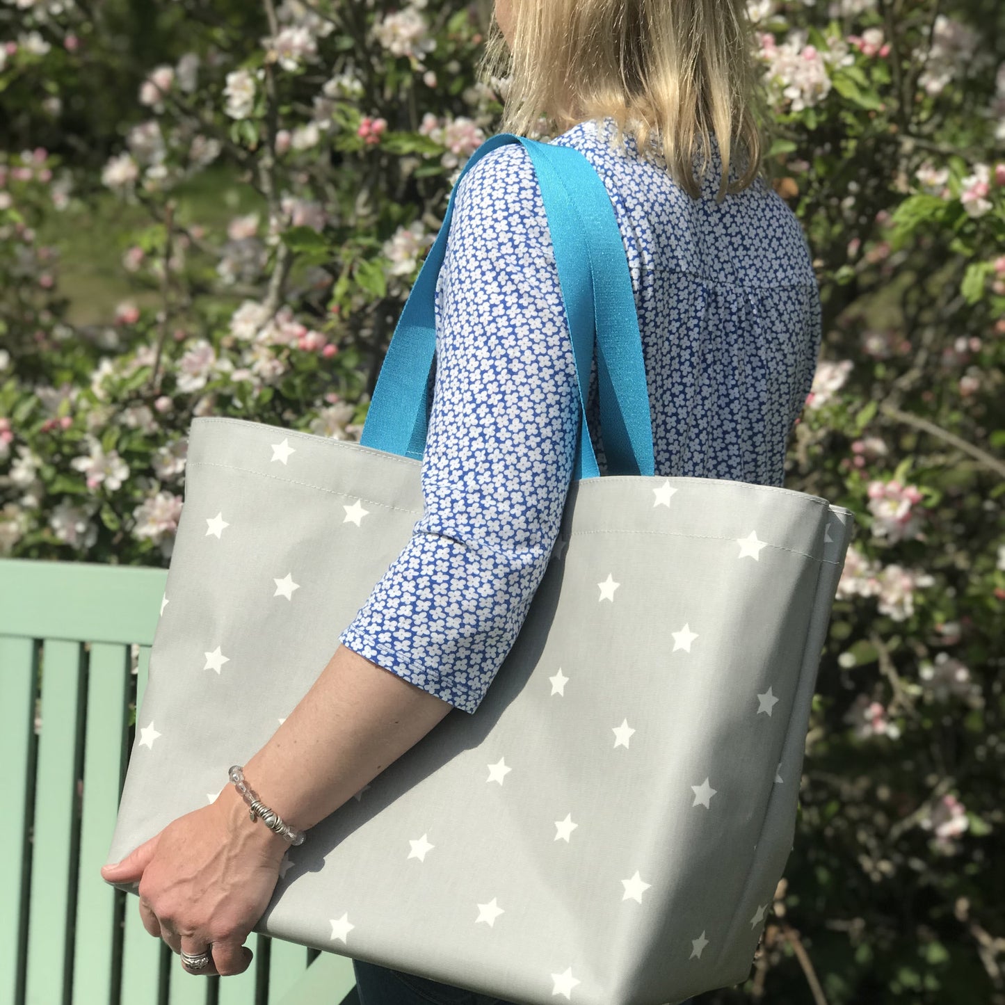 Grey & White Star Extra Large Bag with New flat Turquoise Handles