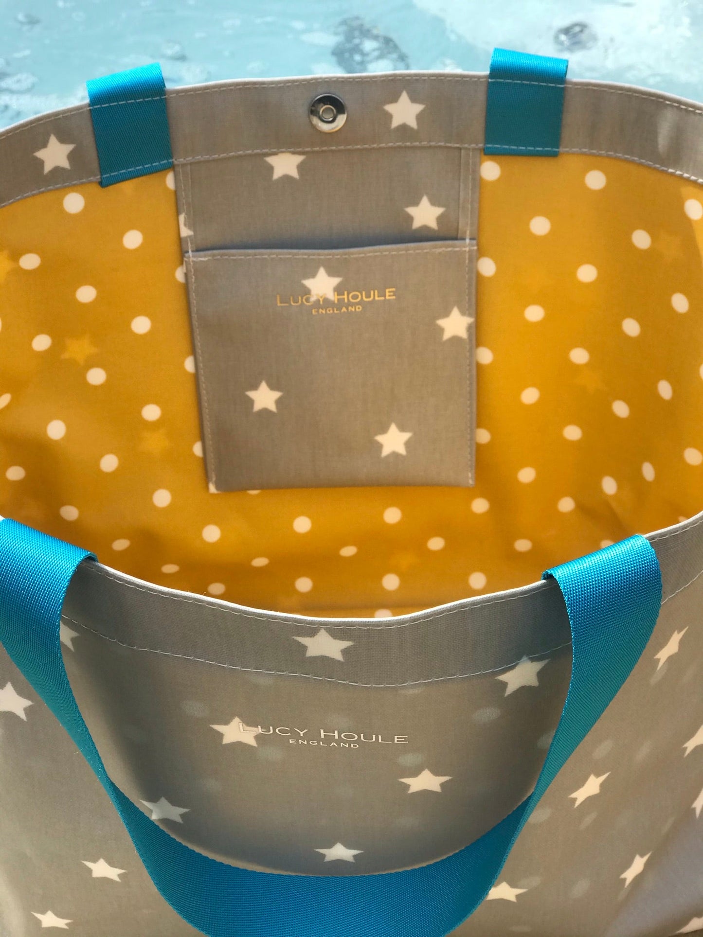 Grey & White Star Extra Large Bag with New flat Turquoise Handles