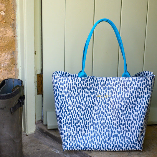 Navy Cobblestone Medium Tote Bag with Turquoise Handles