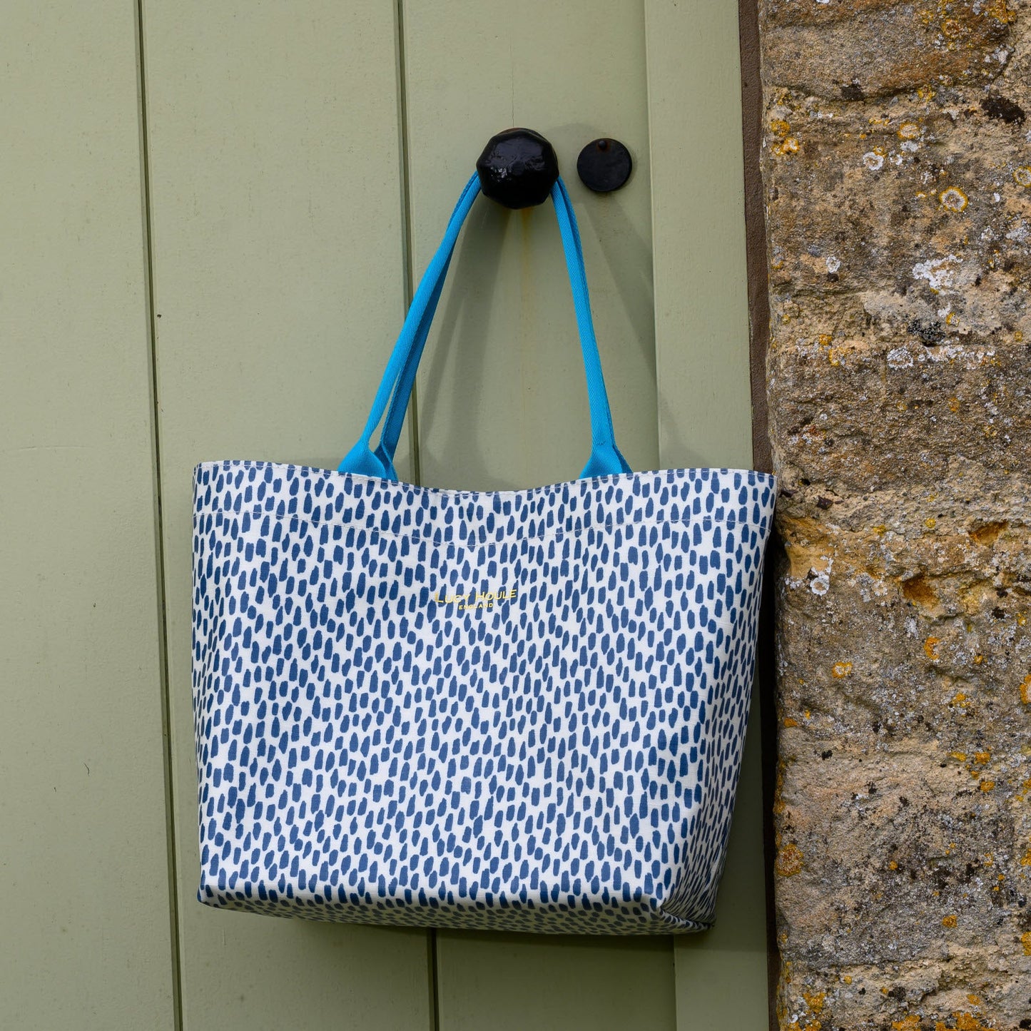 Navy Cobblestone Medium Tote Bag with Turquoise Handles