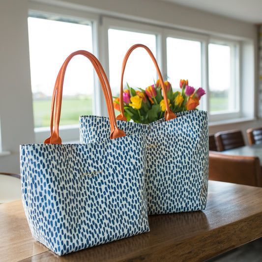 Navy Cobblestone Medium Tote Bag with Orange Handles