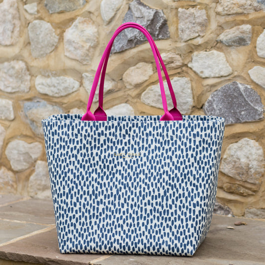 Navy Cobblestone Medium Tote Bag with Pink Handles