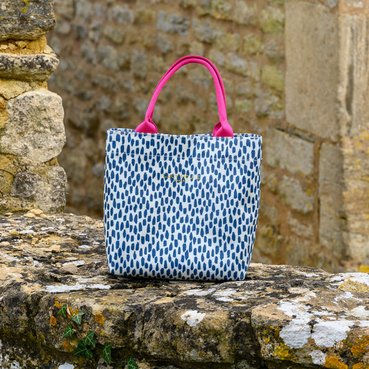 Navy Cobblestone Mini Tote Bag with Pink Handles