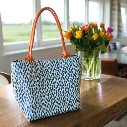 Navy Cobblestone Small Tote Bag with Orange Handles