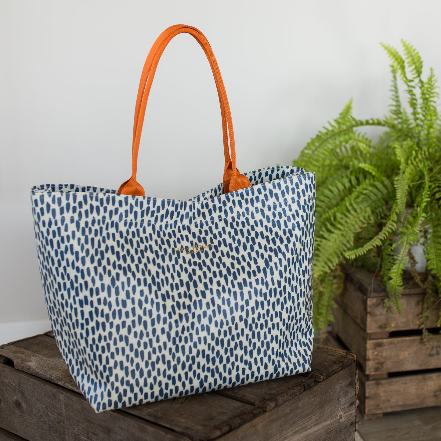 Navy Cobblestone Medium Tote Bag with Orange Handles